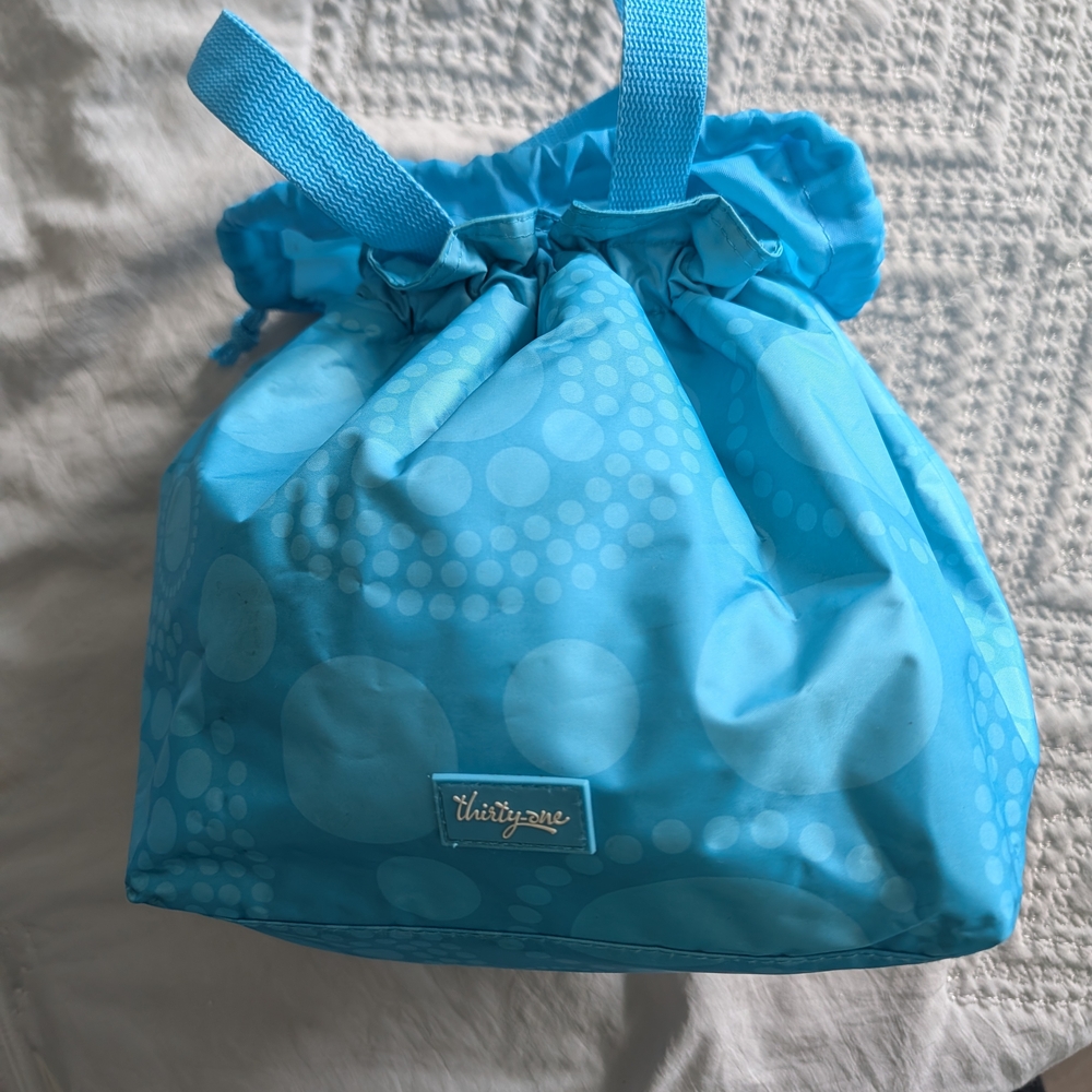 Thirty One Insulated Lunch Bag Cinch It Up Aqua Blue Dots Drawstring